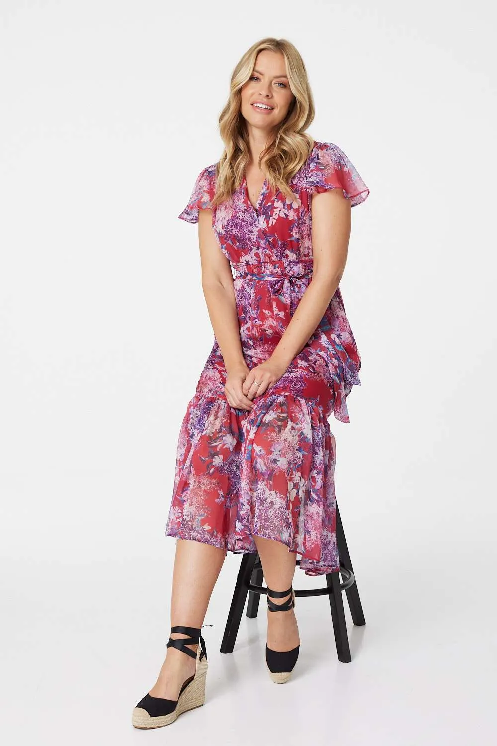 Floral Short Sleeve Tiered Midi Dress