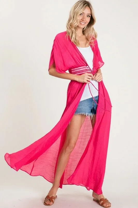 Fuchsia Crochet Boho Kimono Duster Short Sleeve Cardigan Wrap Womens