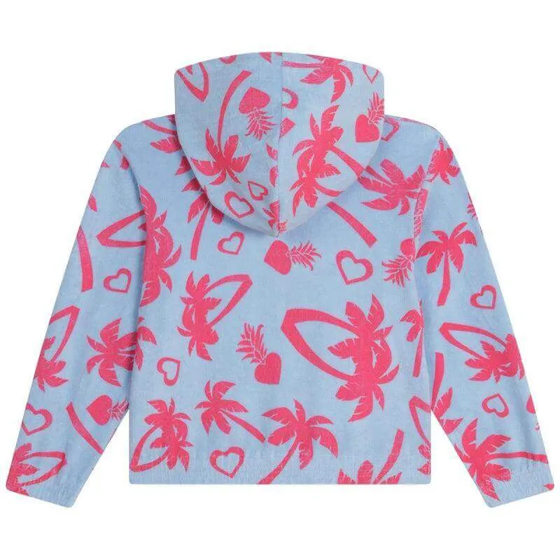 Girls Blue & Pink Palm Tree Towelling Hooded Jacket