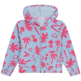 Girls Blue & Pink Palm Tree Towelling Hooded Jacket