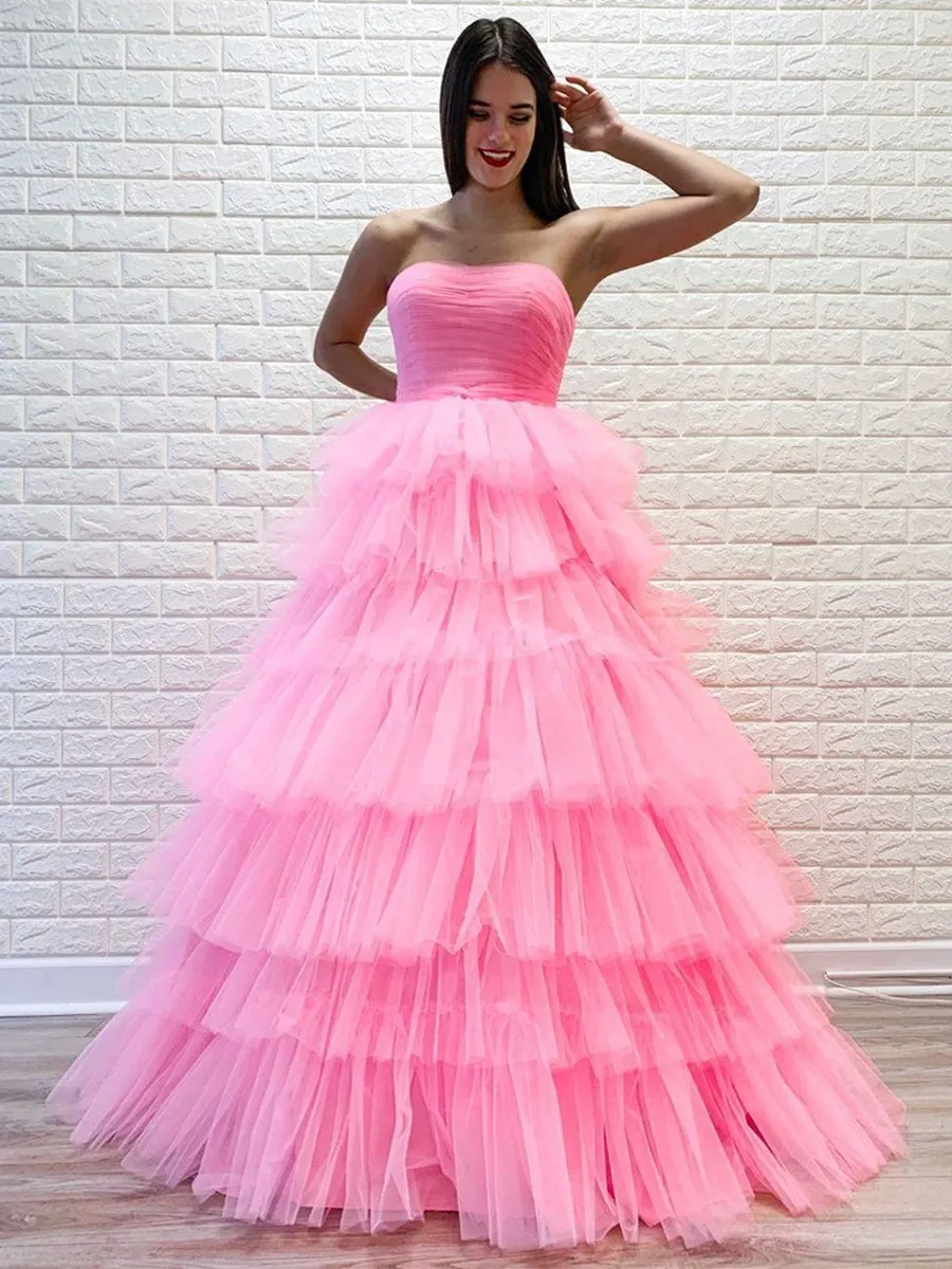 Gorgeous Strapless Layered Pink Long Prom Dresses, Pink Formal Evening Dresses, Layered Pink Ball