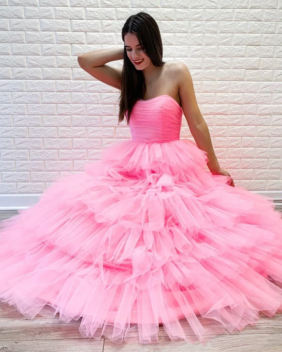 Gorgeous Strapless Layered Pink Long Prom Dresses, Pink Formal Evening Dresses, Layered Pink Ball