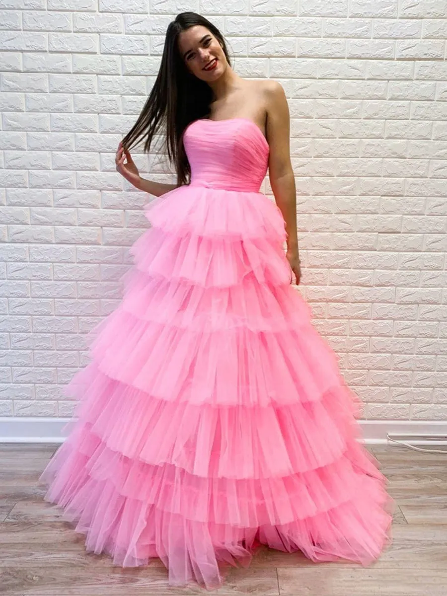 Gorgeous Strapless Layered Pink Long Prom Dresses, Pink Formal Evening Dresses, Layered Pink Ball