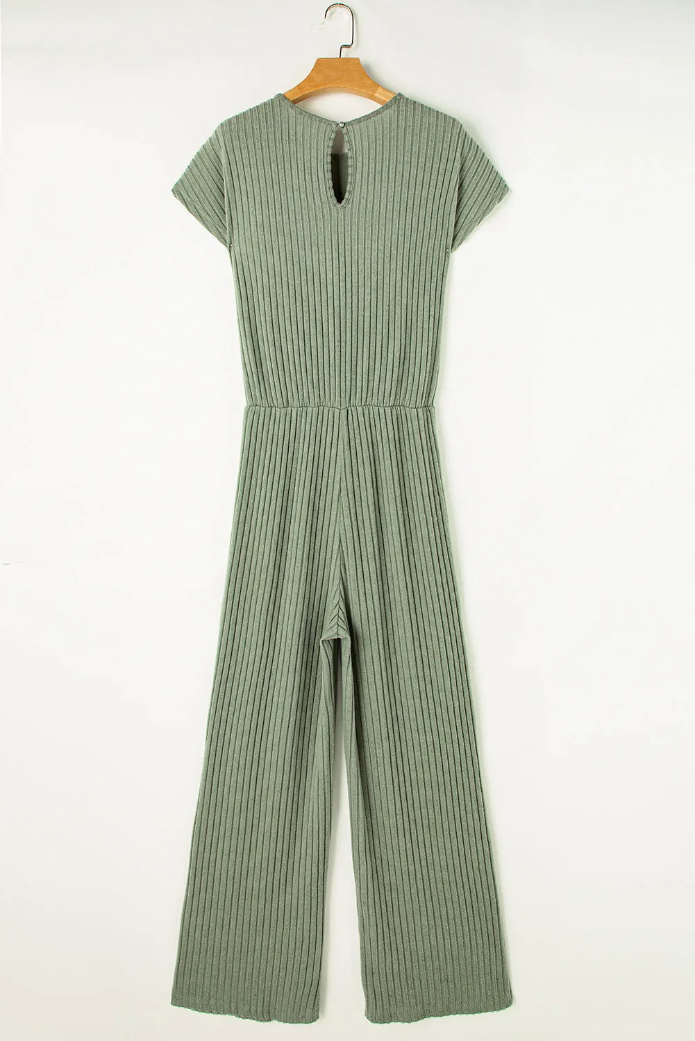 Grass Green Solid Color Ribbed Short Sleeve Wide Leg Jumpsuit