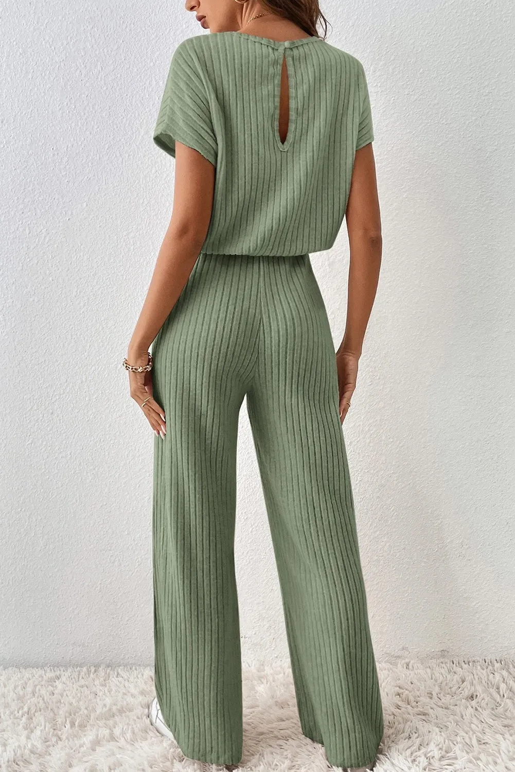 Grass Green Solid Color Ribbed Short Sleeve Wide Leg Jumpsuit