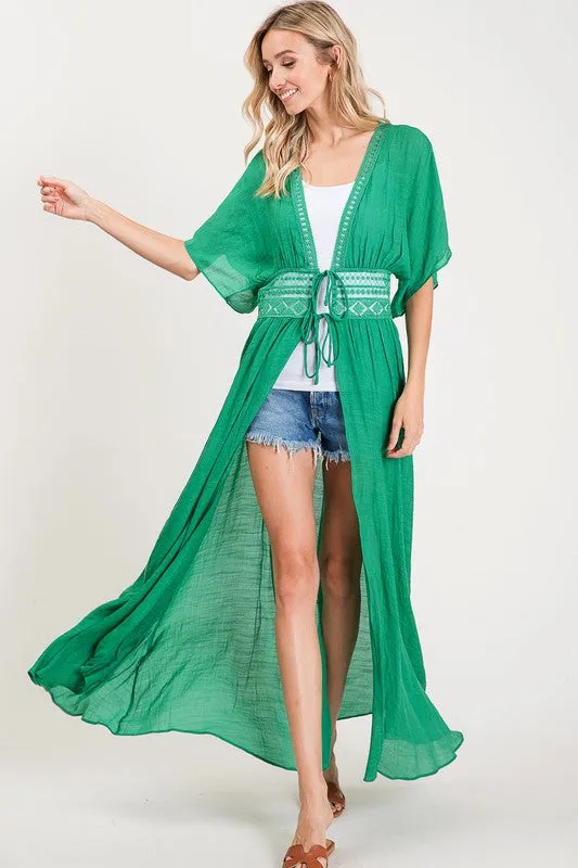 Green Crochet Boho Kimono Duster Short Sleeve Cardigan Wrap Womens