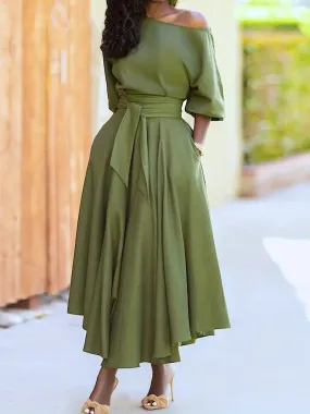 Green Puffy Sleeve Belt Midi A Line Party Dress