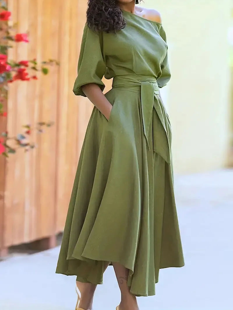 Green Puffy Sleeve Belt Midi A Line Party Dress