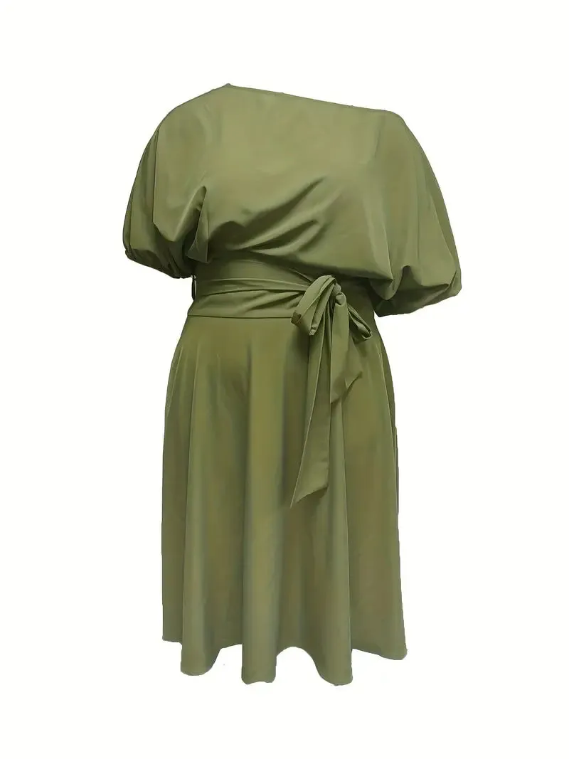 Green Puffy Sleeve Belt Midi A Line Party Dress