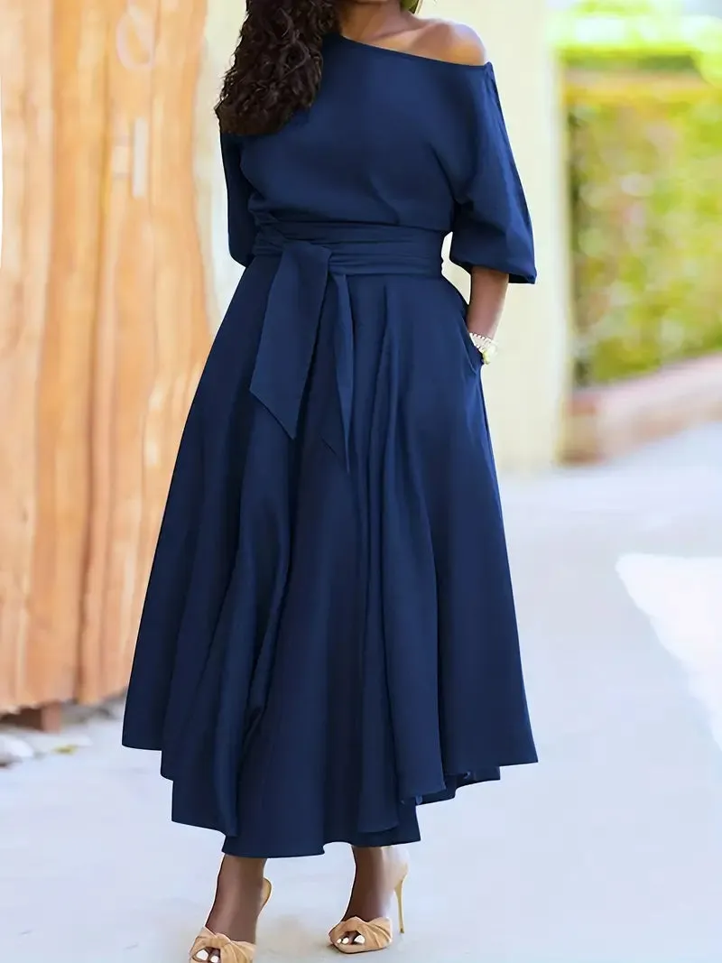 Green Puffy Sleeve Belt Midi A Line Party Dress