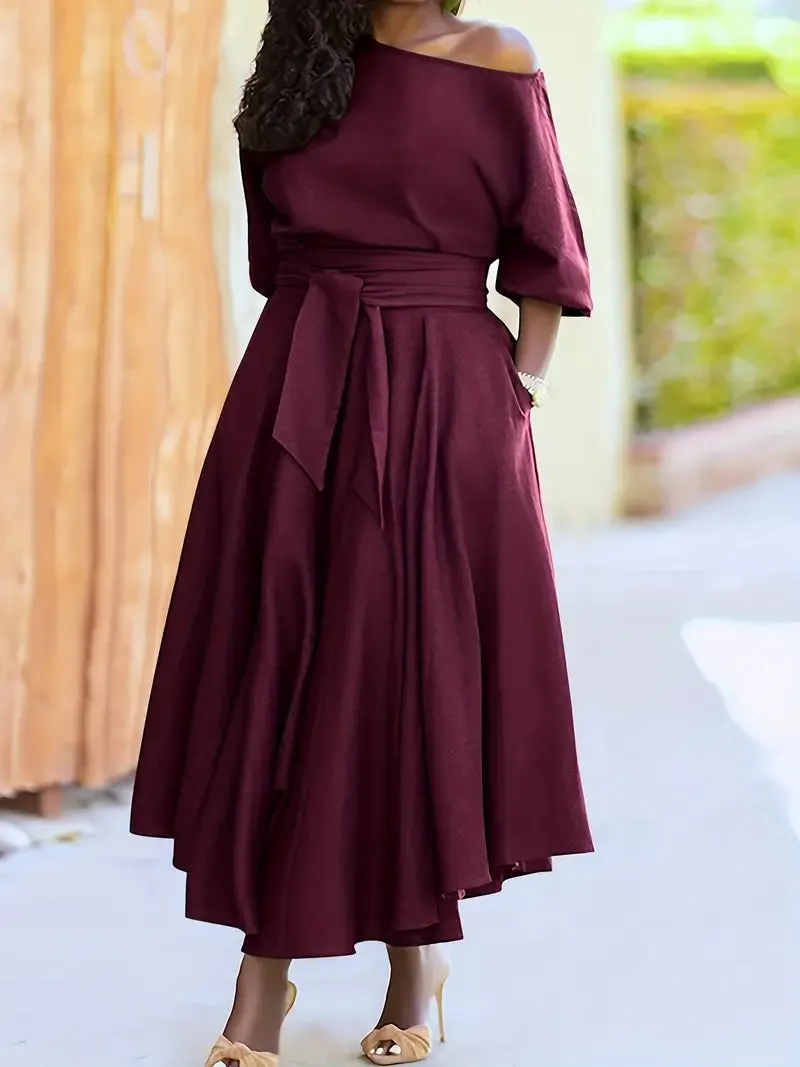 Green Puffy Sleeve Belt Midi A Line Party Dress