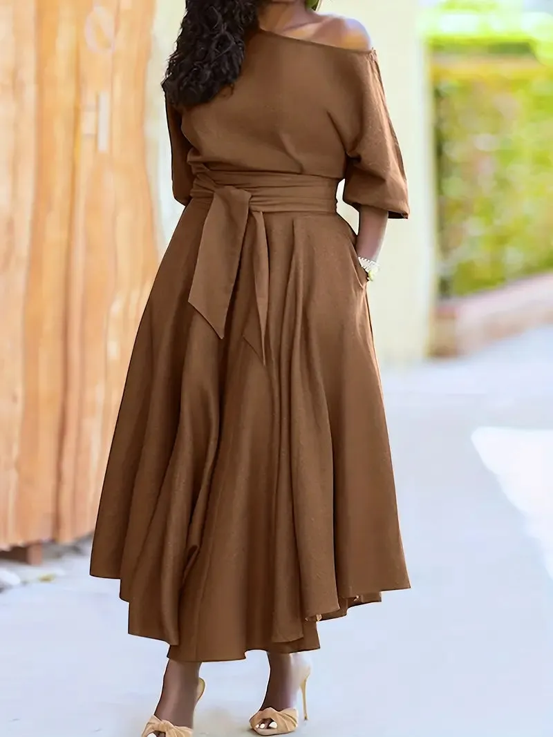 Green Puffy Sleeve Belt Midi A Line Party Dress