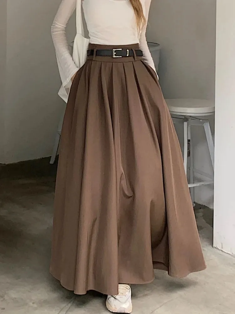 Grey Midi Long Skirts Womens Maxi Skirt Autumn Winter Suit Skirt Goth Lolita High Waist Ruffle Pleated Skirts