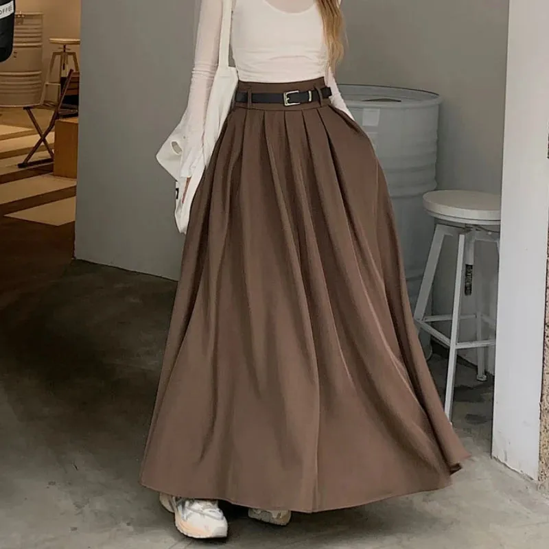 Grey Midi Long Skirts Womens Maxi Skirt Autumn Winter Suit Skirt Goth Lolita High Waist Ruffle Pleated Skirts