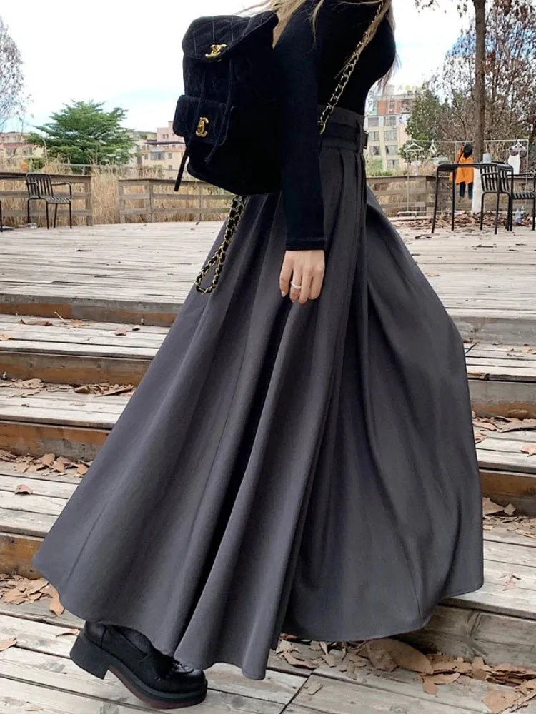 Grey Midi Long Skirts Womens Maxi Skirt Autumn Winter Suit Skirt Goth Lolita High Waist Ruffle Pleated Skirts