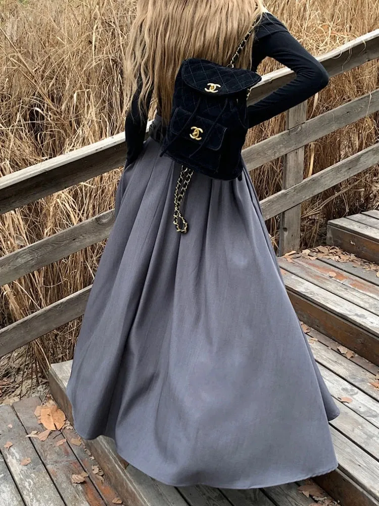 Grey Midi Long Skirts Womens Maxi Skirt Autumn Winter Suit Skirt Goth Lolita High Waist Ruffle Pleated Skirts