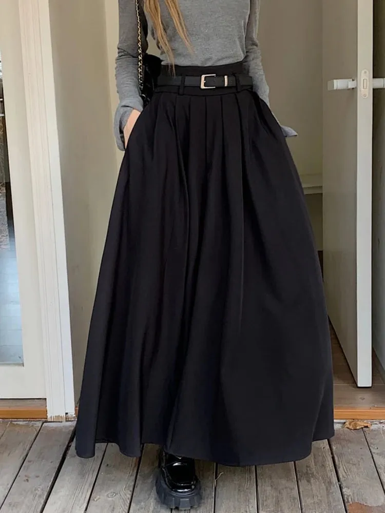 Grey Midi Long Skirts Womens Maxi Skirt Autumn Winter Suit Skirt Goth Lolita High Waist Ruffle Pleated Skirts