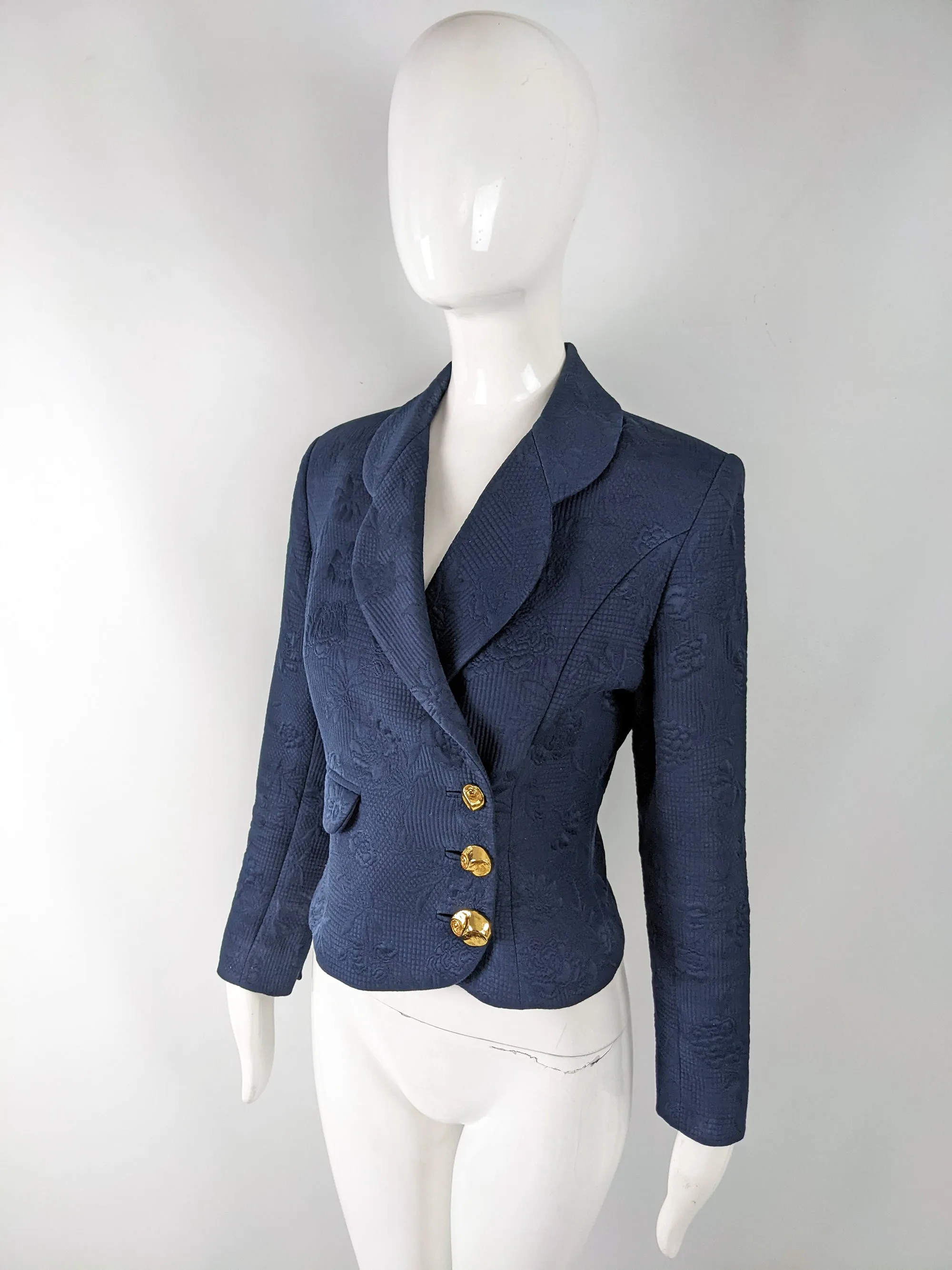 Grés Vintage Womens Navy Quilted Cotton Tailored Jacket, 1980s