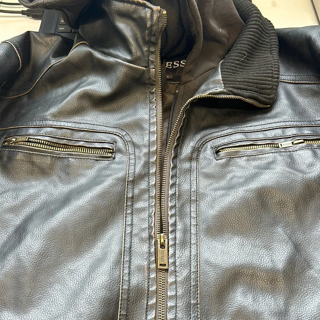 guess black hooded leather bomber jacket