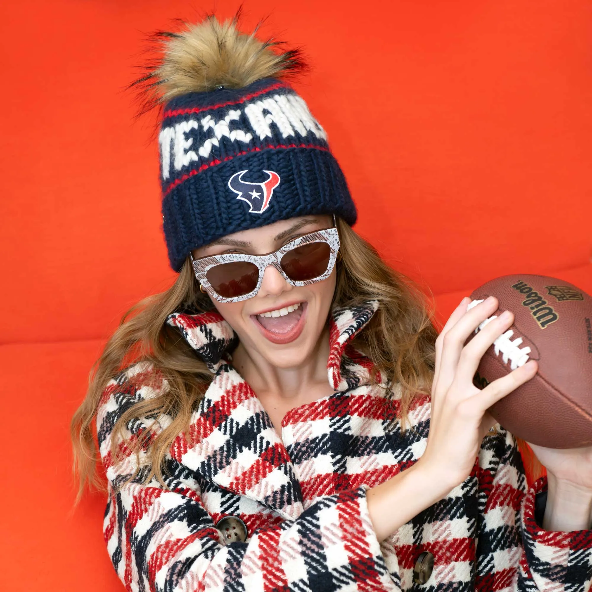 HOUSTON TEXANS LELE SADOUGHI X NFL NAVY BEANIE FAUX FUR POM