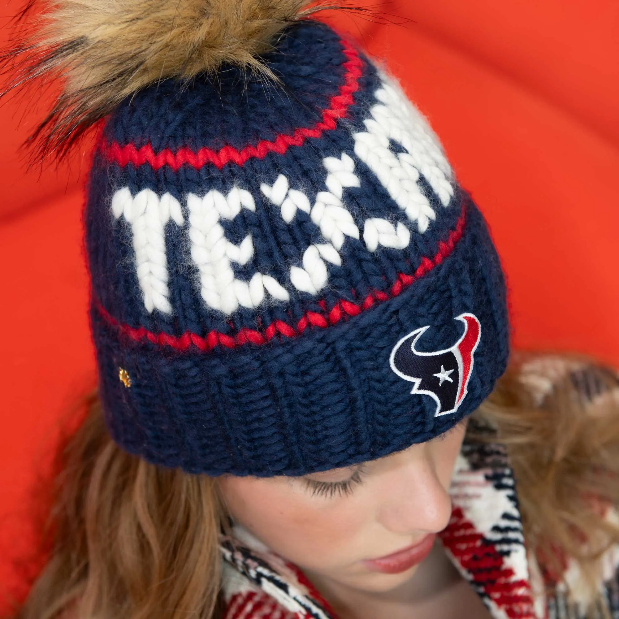 HOUSTON TEXANS LELE SADOUGHI X NFL NAVY BEANIE FAUX FUR POM