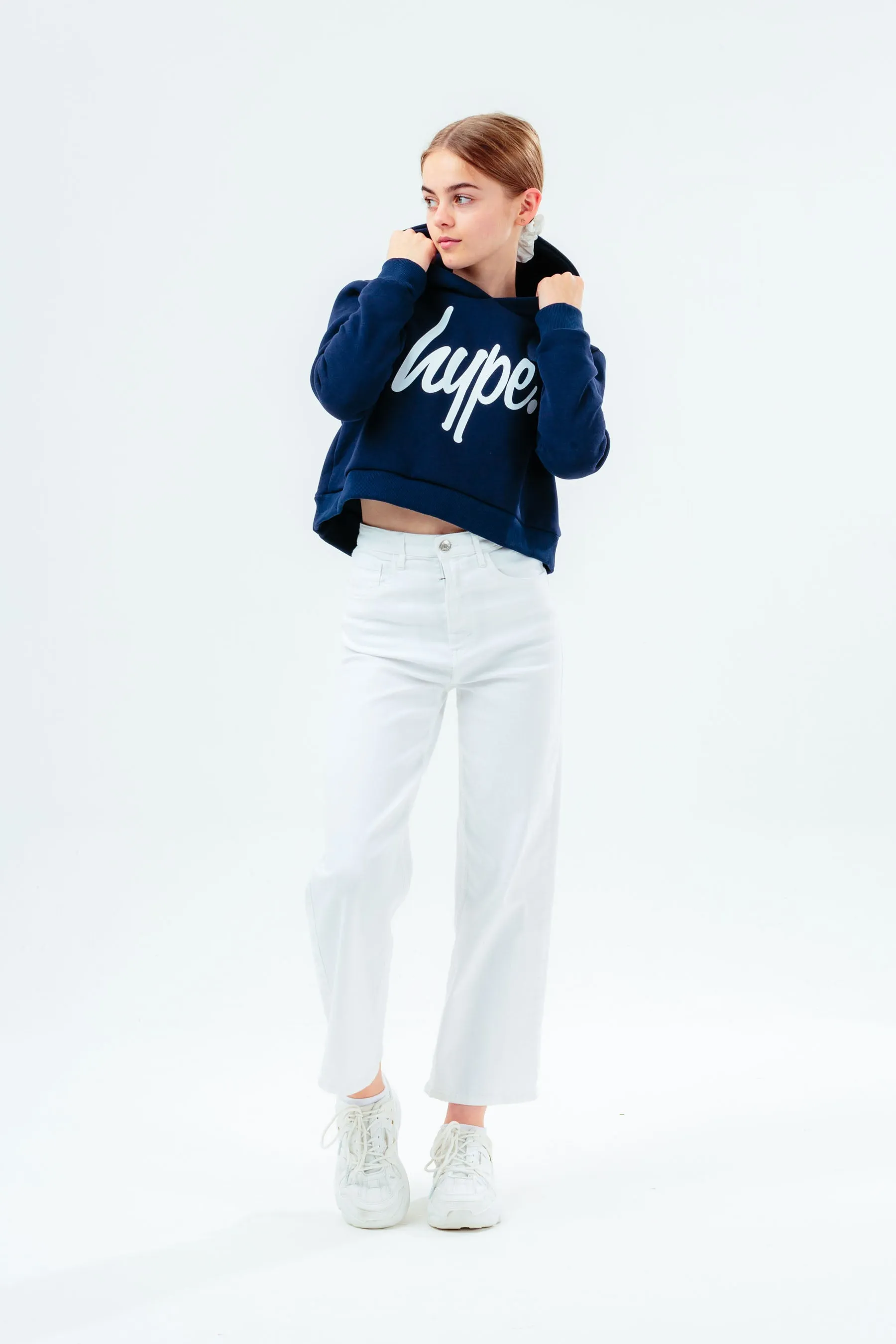 Hype Girls Navy Script Crop Hoodie