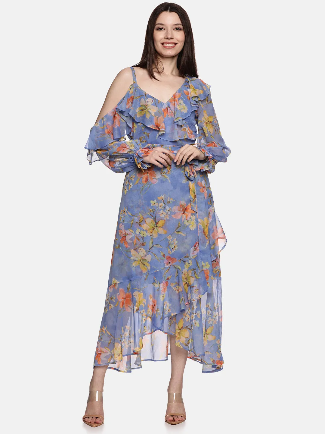 IS.U Floral Blue Ruffle Wrap Dress