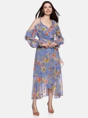 IS.U Floral Blue Ruffle Wrap Dress