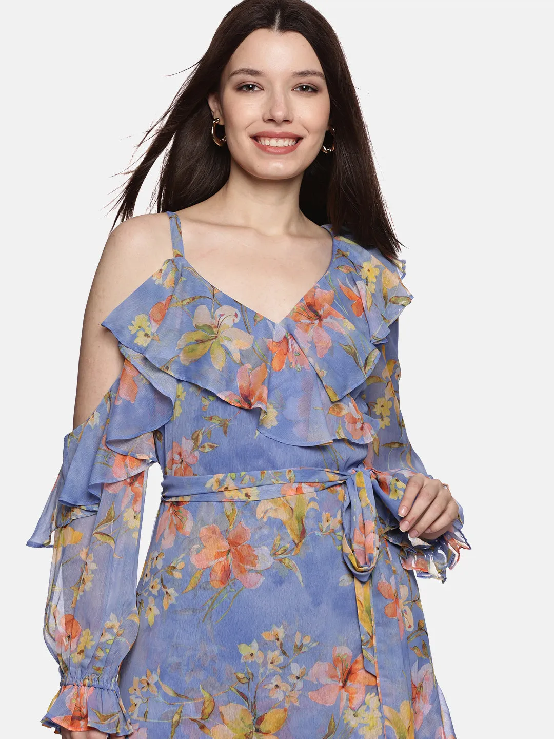 IS.U Floral Blue Ruffle Wrap Dress