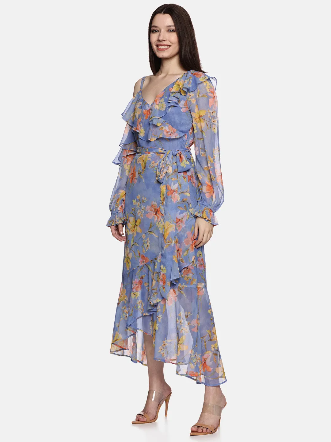 IS.U Floral Blue Ruffle Wrap Dress