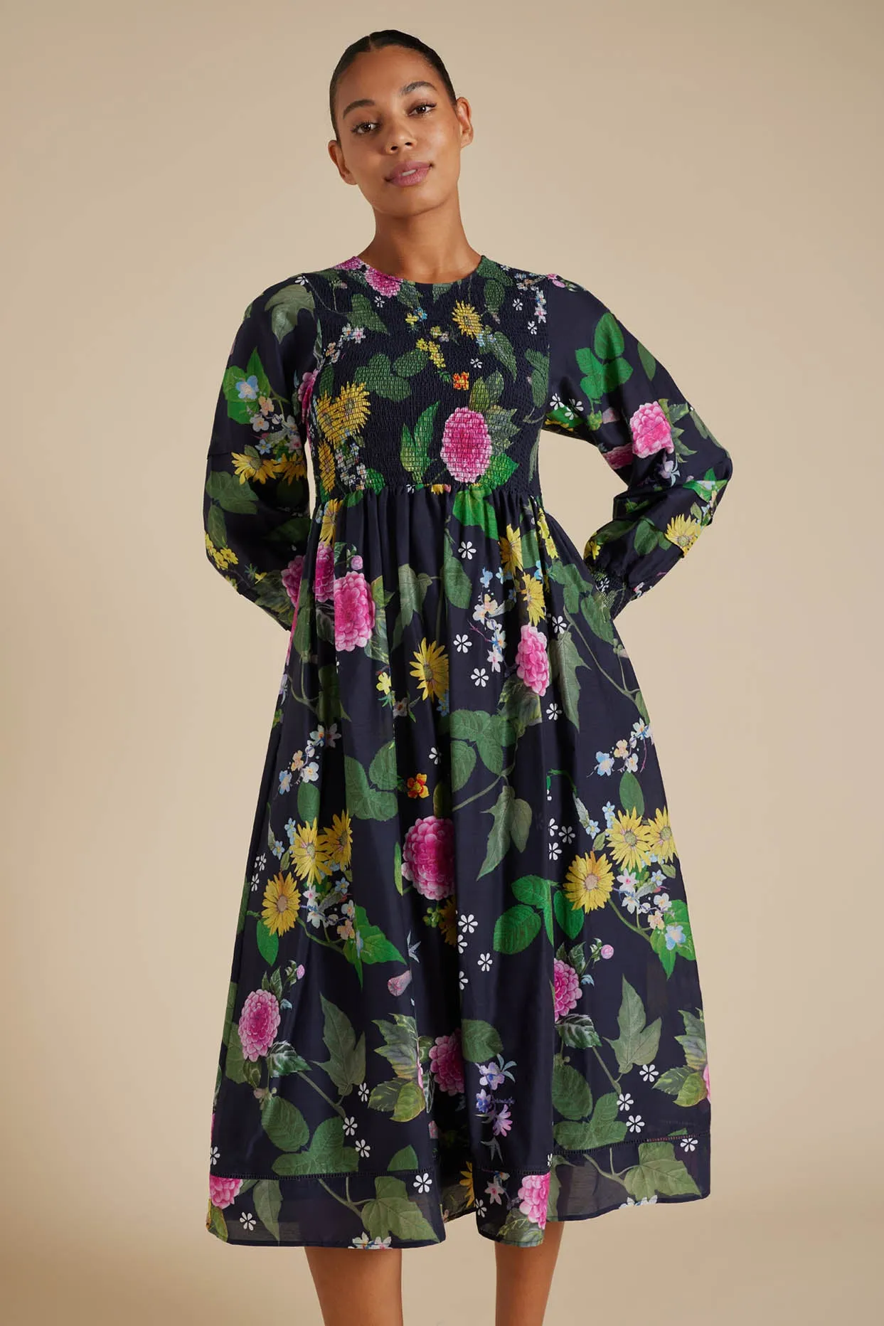 Jade Cotton Silk Dress in Navy Aria