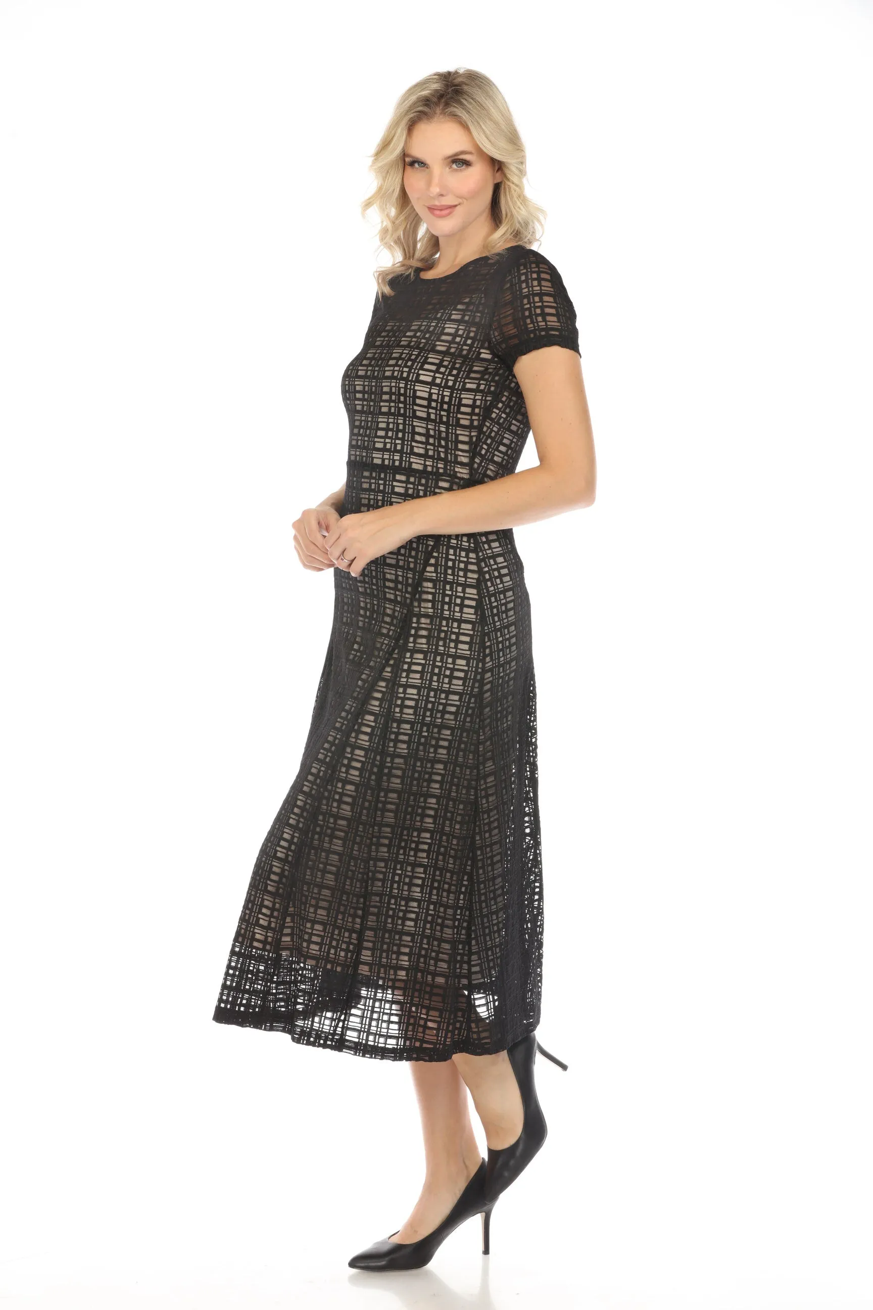 Johnny Was Jade Black Plaid Solia Paneled Mesh Midi Dress Boho Chic L32924