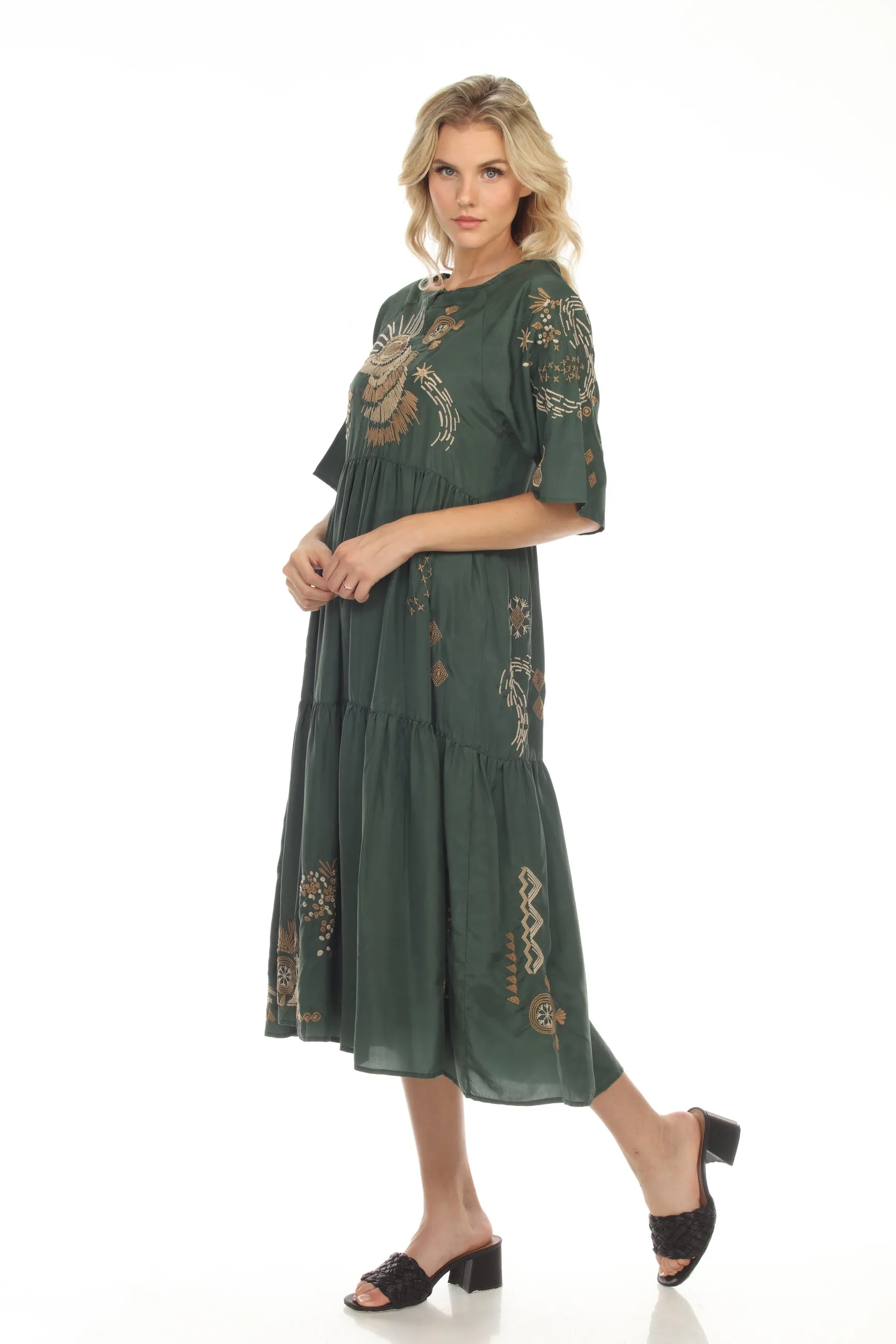 Johnny Was Workshop Antonia Raglan Tiered Midi Dress Boho Chic W34022