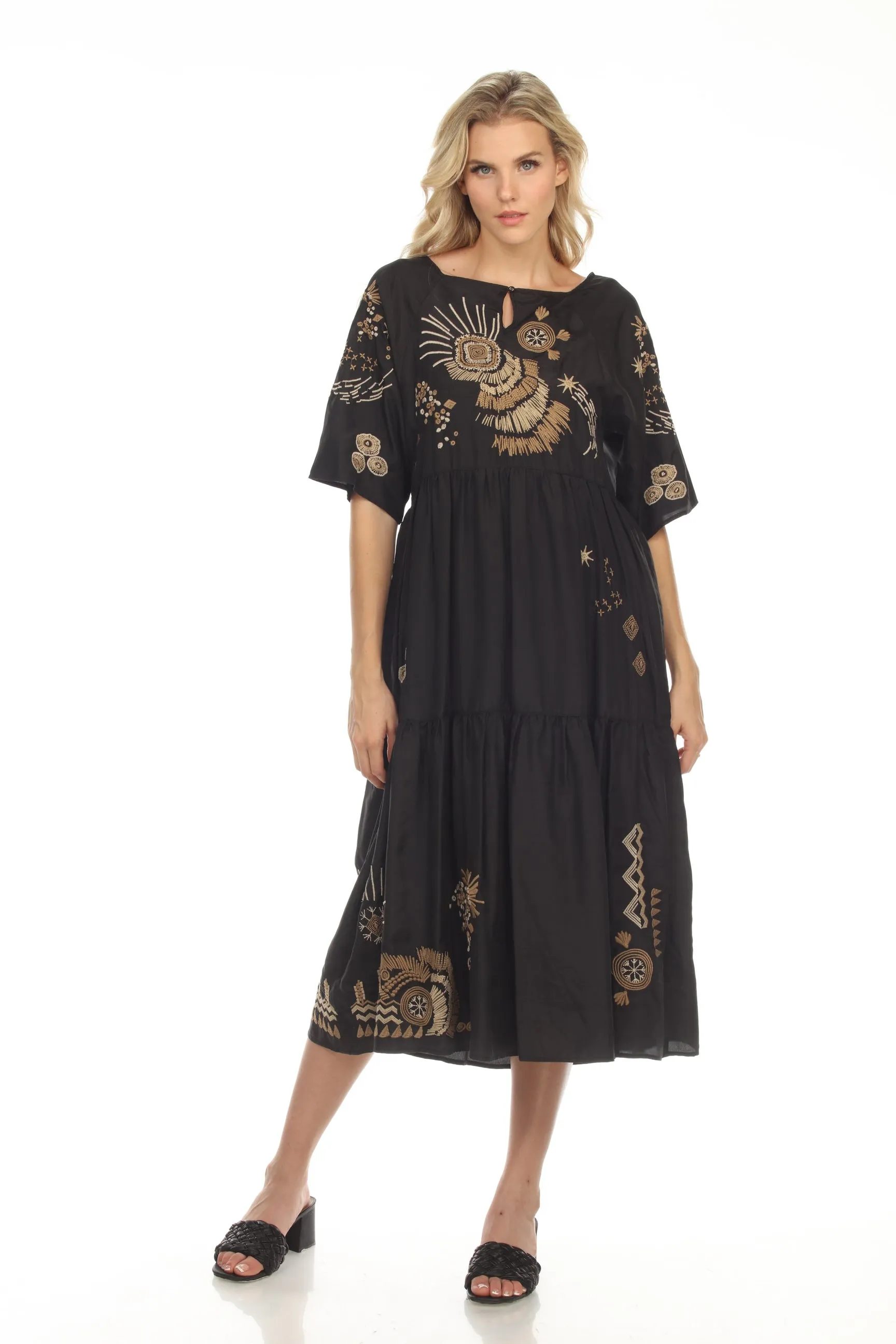 Johnny Was Workshop Antonia Raglan Tiered Midi Dress Boho Chic W34022