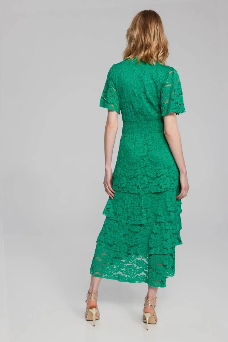 Joseph Ribkoff Noble Green Tiered Ruffles Lace Midi A-Line Dress 241759