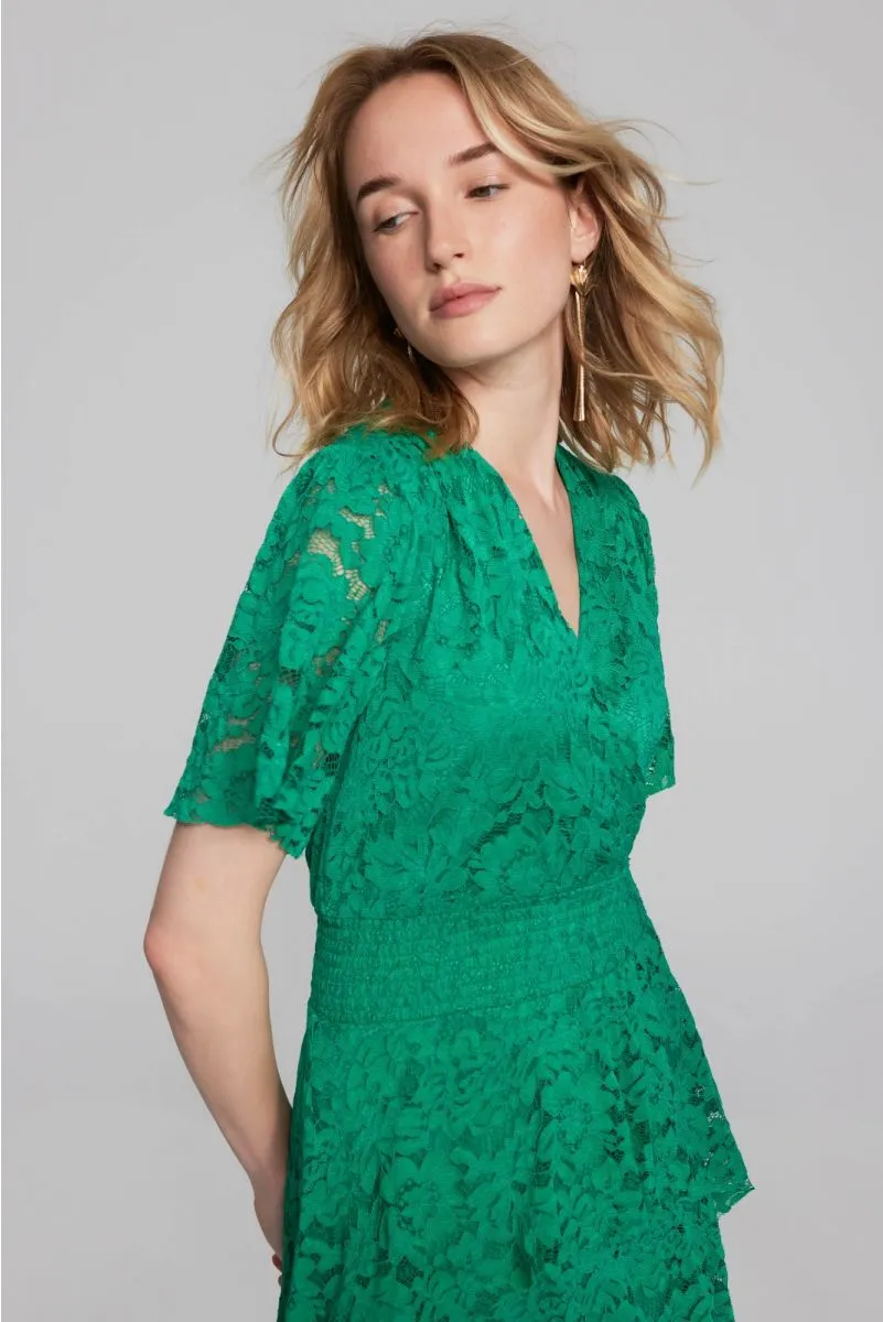 Joseph Ribkoff Noble Green Tiered Ruffles Lace Midi A-Line Dress 241759