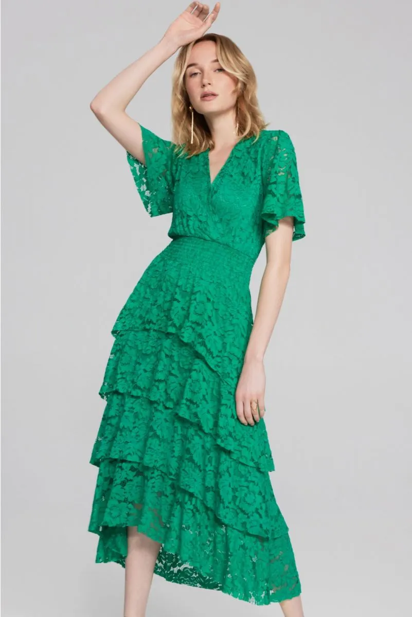 Joseph Ribkoff Noble Green Tiered Ruffles Lace Midi A-Line Dress 241759