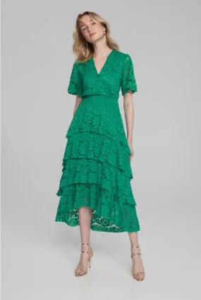 Joseph Ribkoff Noble Green Tiered Ruffles Lace Midi A-Line Dress 241759