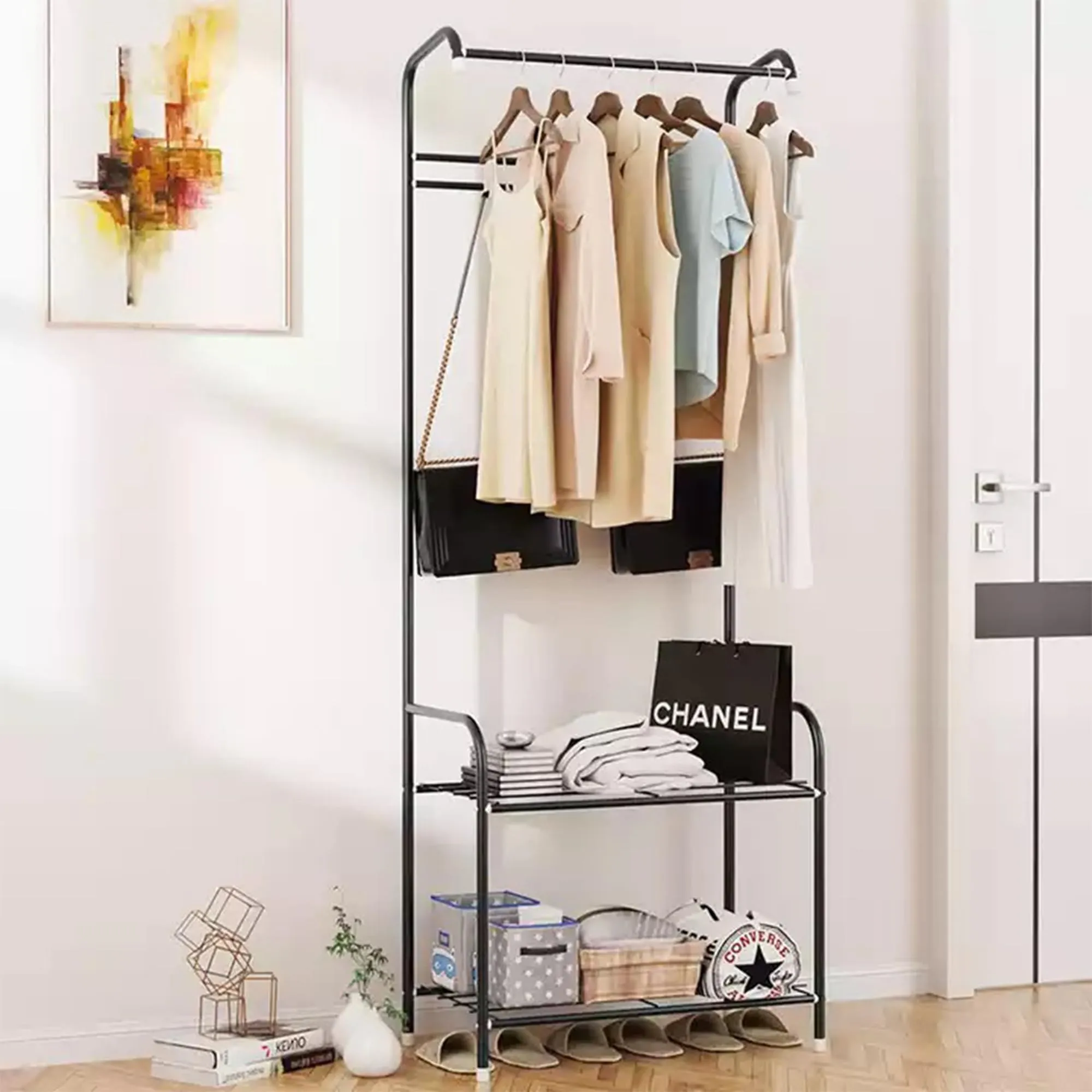 Kuber Industries Pack of 2 Cloth Hanger and Organiser for Coat Hat Handbag Umbrella | Display Rack for Home Office Showroom | Stainless Steel|Color-Black| HM003BK