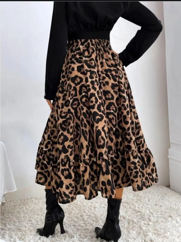 Ladies Leopard Print Ruffle Hem Midi Skirt GG009