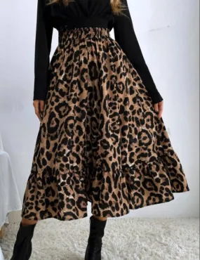 Ladies Leopard Print Ruffle Hem Midi Skirt GG009