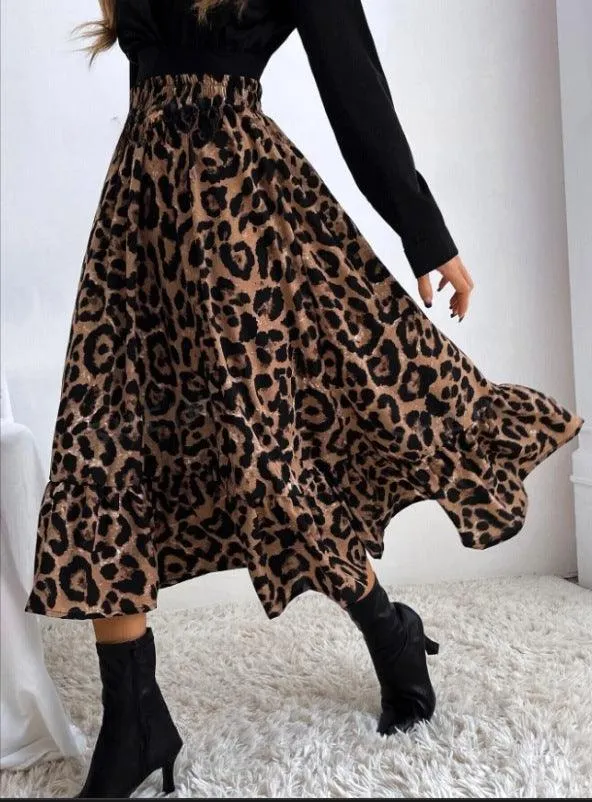 Ladies Leopard Print Ruffle Hem Midi Skirt GG009