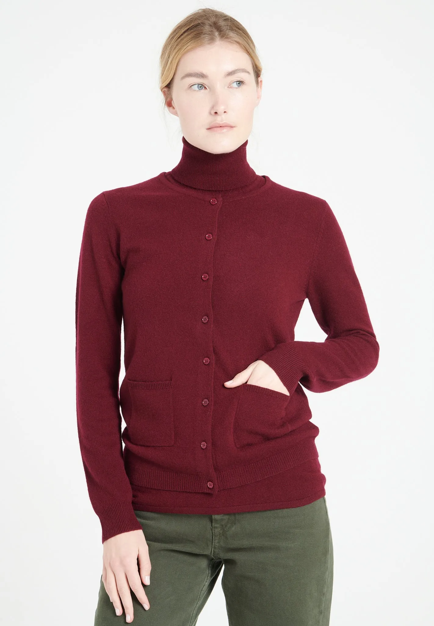 LILLY 4 Cardigan col rond en cachemire cintré rouge bordeaux