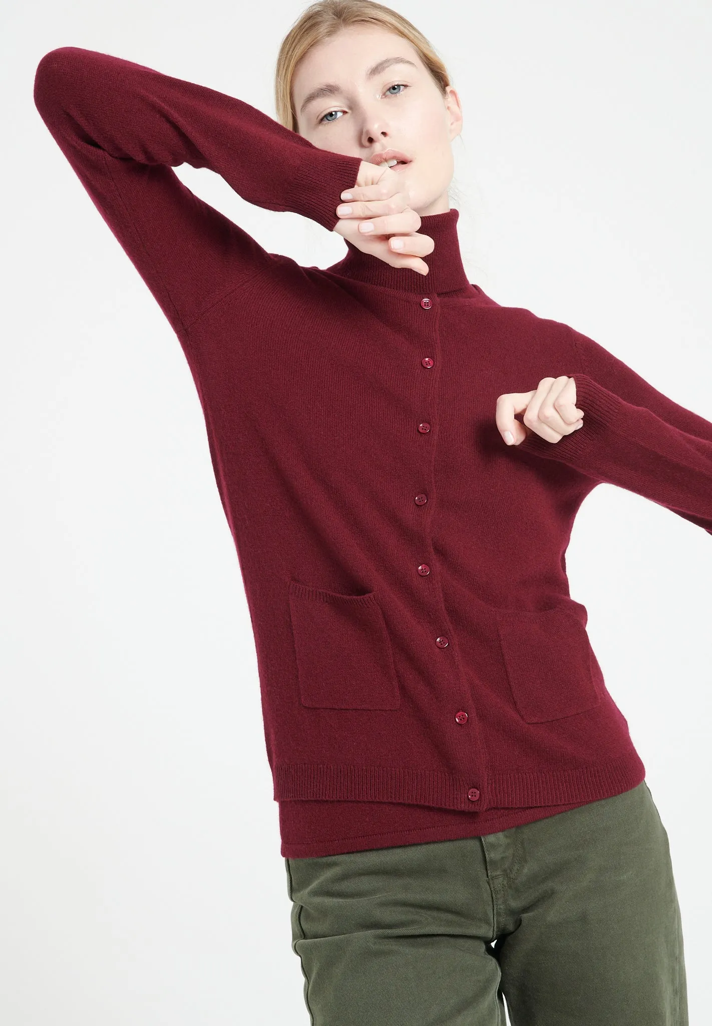 LILLY 4 Cardigan col rond en cachemire cintré rouge bordeaux