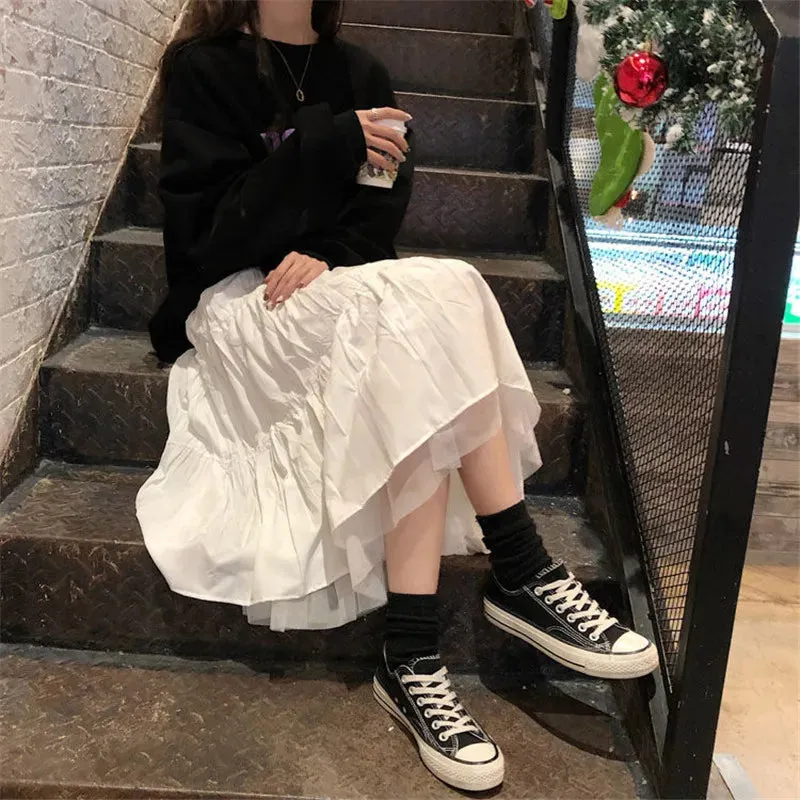 Long Tulle Midi Skirts Womens Autumn Elastic High Waist Mesh Tutu Pleated Skirts Female Black White Long Skirt Streetwear