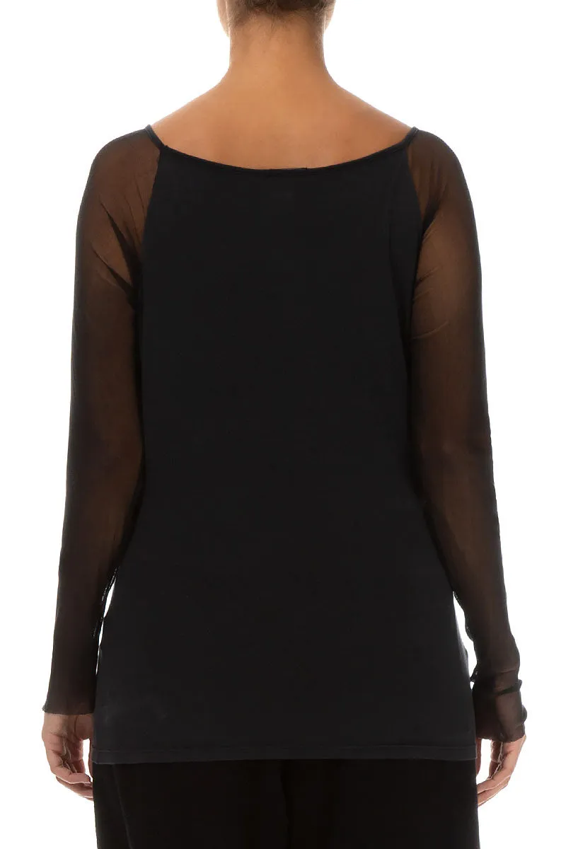 Long Tulle Sleeves Black Silk Blouse