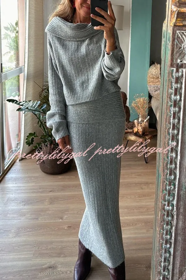 Luka Ribbed Knit Off Shoulder Long Sleeve Sweater and Stretch Maxi Skirt Set