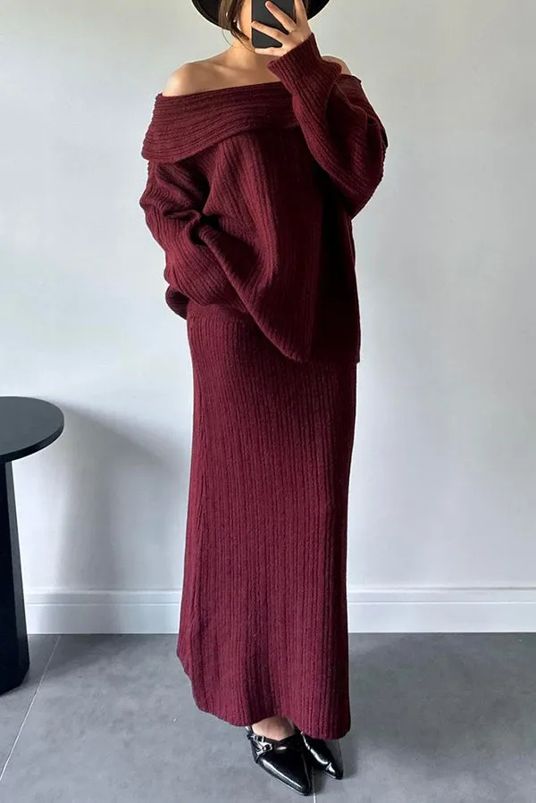 Luka Ribbed Knit Off Shoulder Long Sleeve Sweater and Stretch Maxi Skirt Set