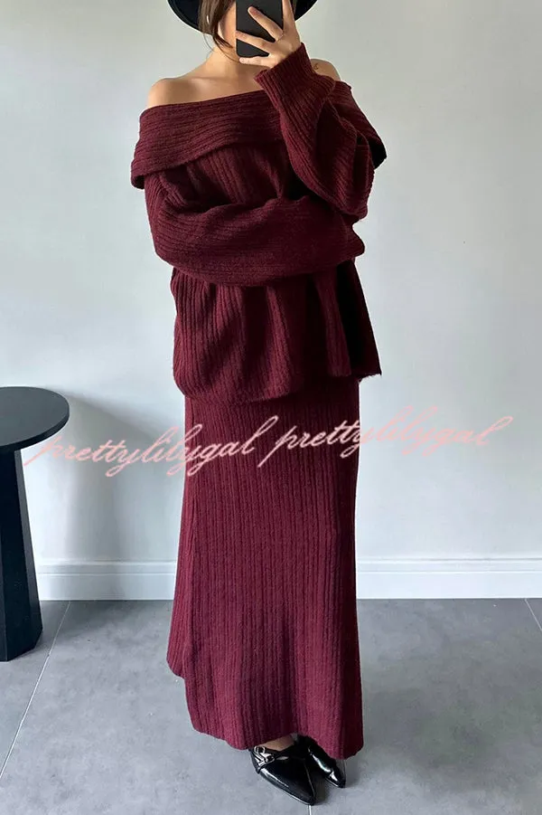 Luka Ribbed Knit Off Shoulder Long Sleeve Sweater and Stretch Maxi Skirt Set