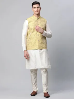 Men Dupion Silk Kurta Pyjama With Lemon Printed Nehru Jacket